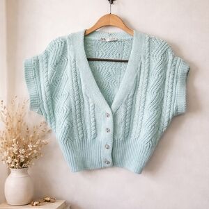 Zara Cropped Ribbed Sweater Cardigan Size S Cable Knit Pearl Rhinestone Buttons